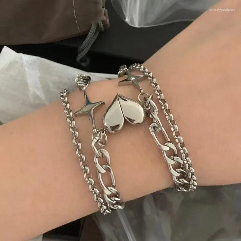 Charm Bracelets Multilayer Couple For Men Women Silvertone Cuban Chain Peach Heart Each Other Link Bracelet Boyfriend Girlfriend