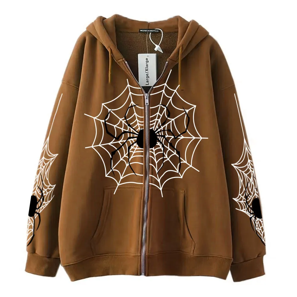 Men's Hoodies Sweatshirts Hoodies Sweatshirts Style Spider Web Print Autumn and Winter Zipper Men Sweater Street Trendy Hoodies Couple Retro Casual J