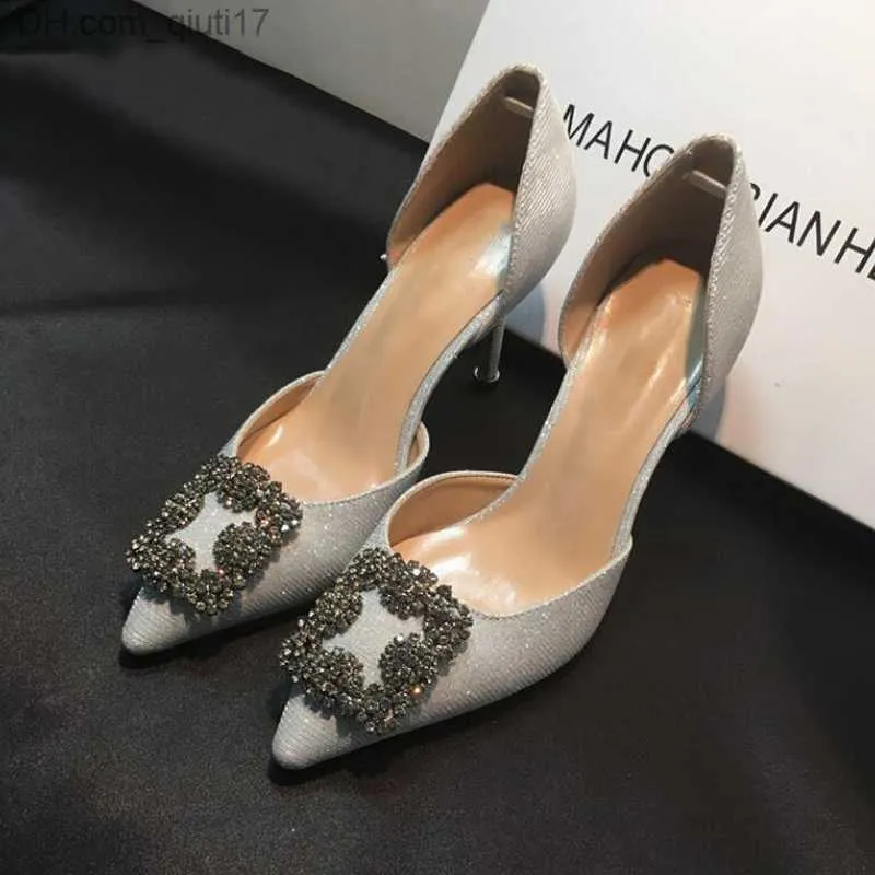 Dress Shoes 2020 New Pointed Toe High Heels Thin High Heels Shallow Mouth Crystal Wedding Shoes Square Button Single Shoes Fashion Direct Shipping Z230804