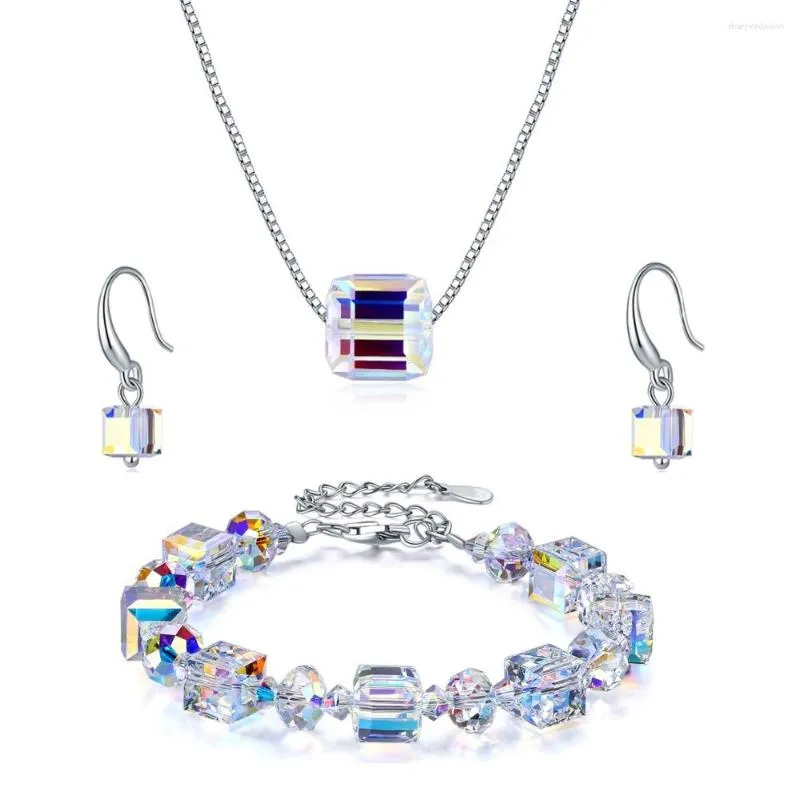 Collier boucles d'oreilles ensemble de perles colorées de luxe cristaux d'autriche couleur argent cube pendentif balancent bracelet pour les femmes