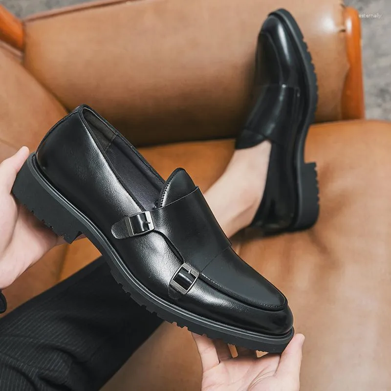 Dress Shoes Loafers Men Double Buckle Monk Black Round Toe Slip-On