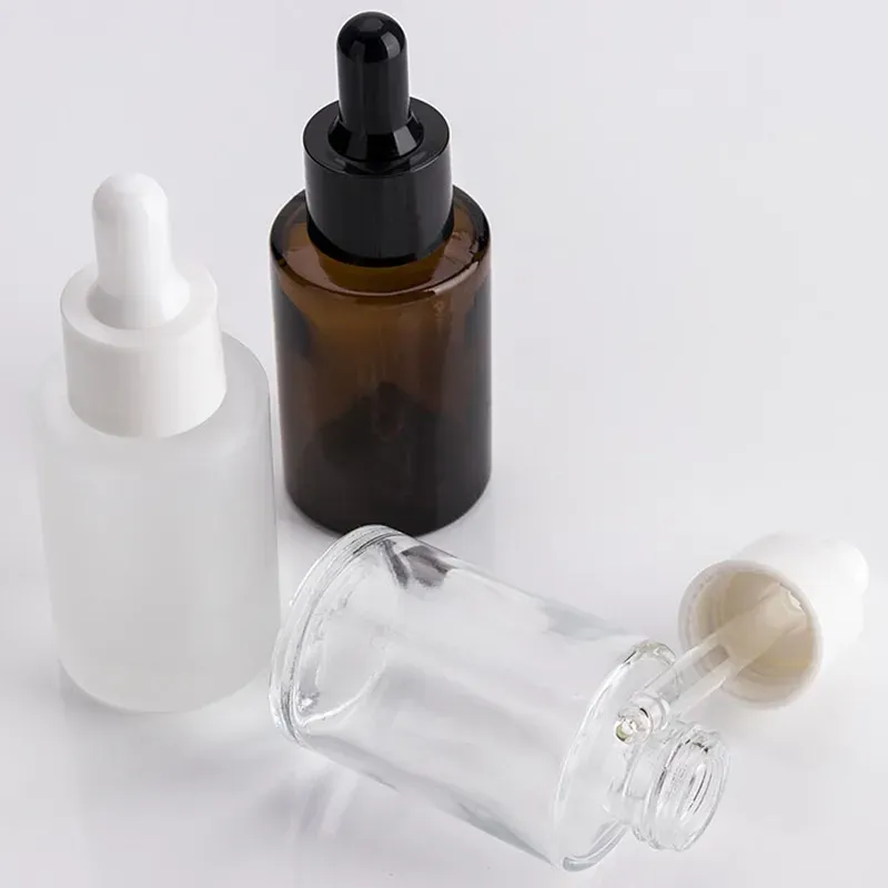 30ML Glass Bottle Flat Shoulder Frosted/Transparent/Amber Round Essential Oil Serum Dropper Bottle Portable Empty Cosmetic Bottles