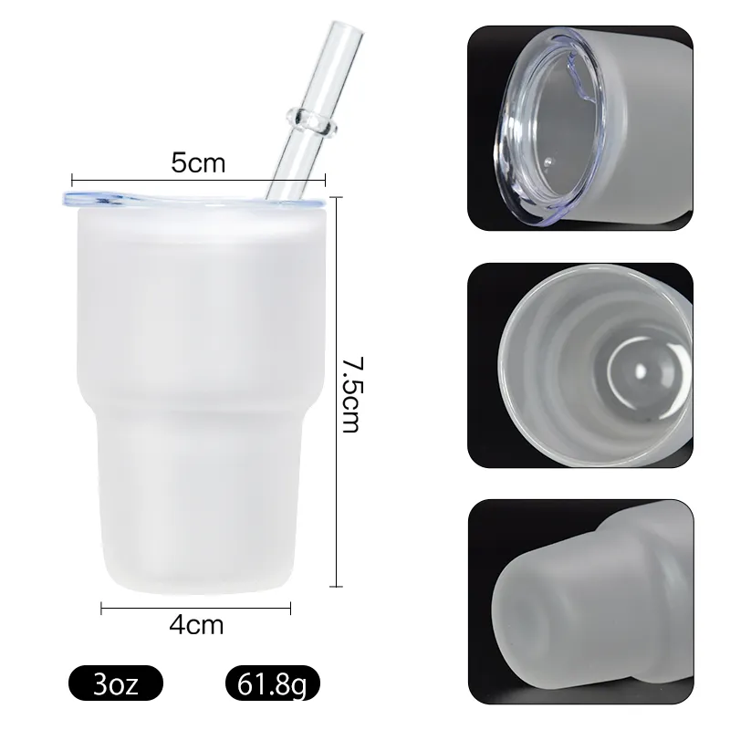 Wholesale frosted sublimation blanks 3oz mini shot glass clear glass tumbler with straw and lid