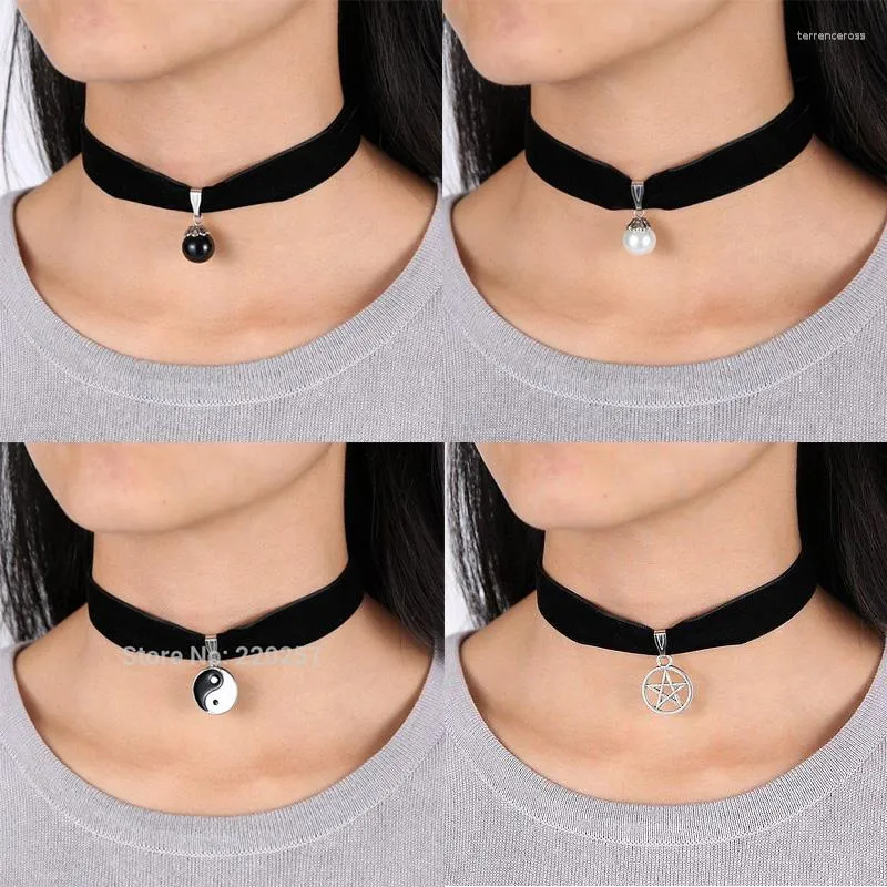 Choker prosty szeroki czarny aksamitny naszyjnik Perl Palm Star Tai Chi Heart Wiselant Sain for Women Kołnierz biżuteria