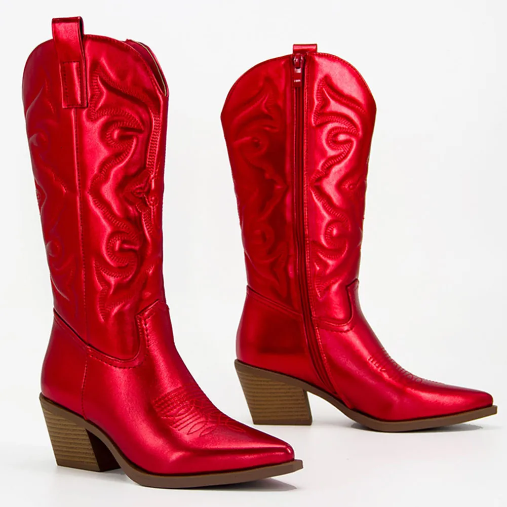 Botas Dropship botas de vaquero para mujer bordadas Bling media pantorrilla botas de vaquera occidental zapatos de mujer de buena calidad para caminar cómodos 230803