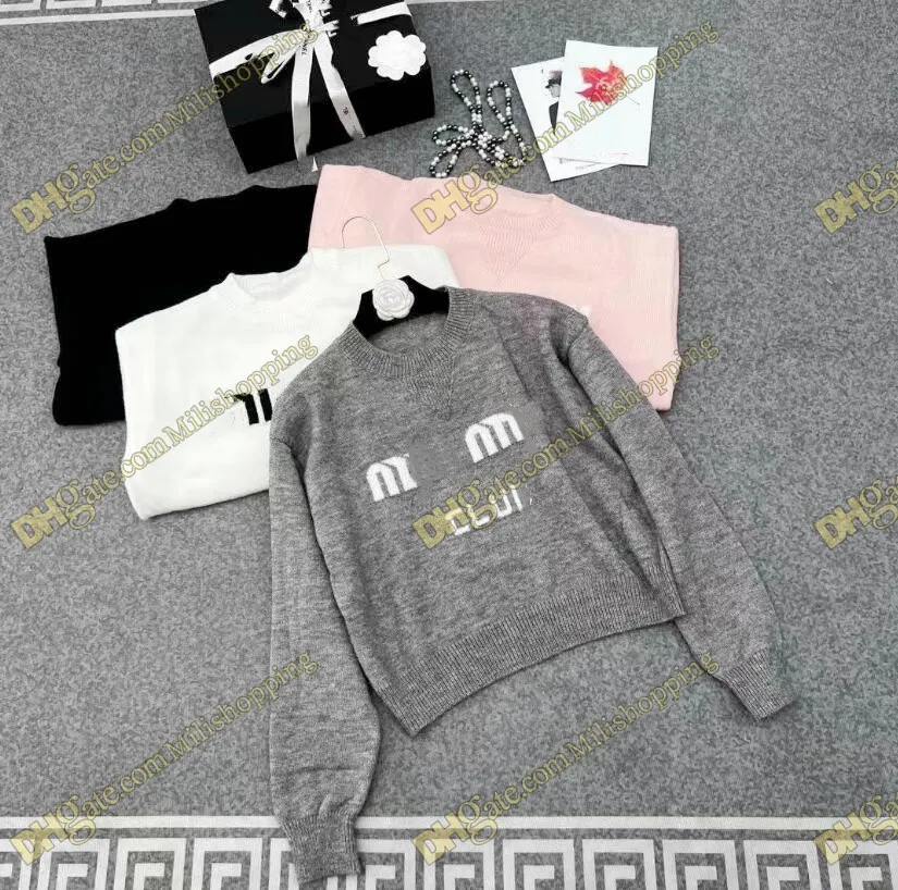 Miu Womens Knitted Sweaters Designer Sweater Embroidery Long SleevePullover Jumprt Female Pink Gray Tops From 28 11 DHgate