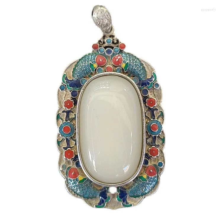 Pinces à cheveux argent tibétain incrusté de jade blanc plaque carrée pendentif gros Style grande étiquette de taille avec chaîne