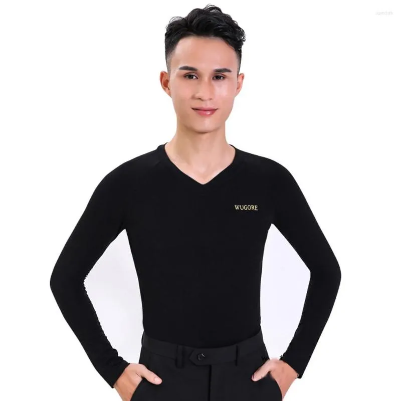 Stage Wear Male Round/High/V Collar Latin Dance Shirts Black Color Modal Long Sleeves Wears Men Gentlemen Ballroom Chacha Present Tops