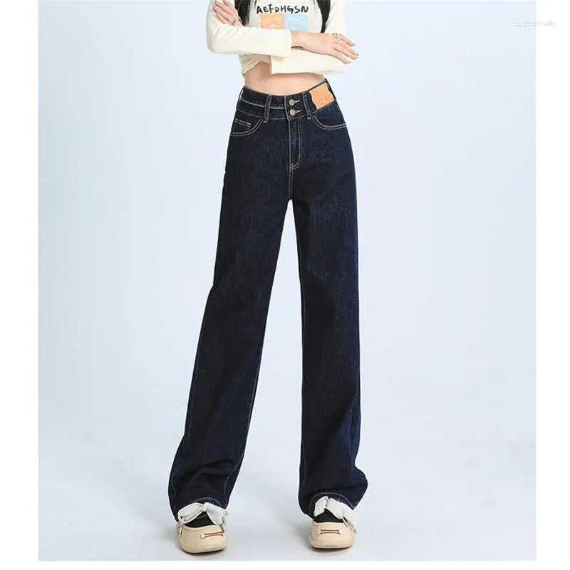 Jeans Feminino Cintura Alta Perna Larga Azul Escuro Primavera Outono Estilo de Rua Calças Casual Feminino Tubo Reto Calças Denim