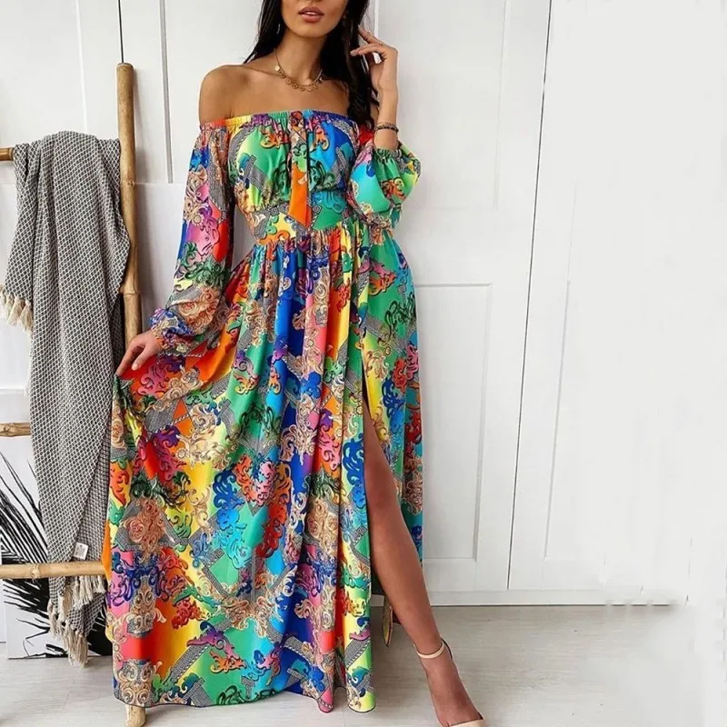 Casual Flokcloset Summer Bohemian Print Maxi Dress 2023 Line Neck Design Long Sleeve Party Long Sundress