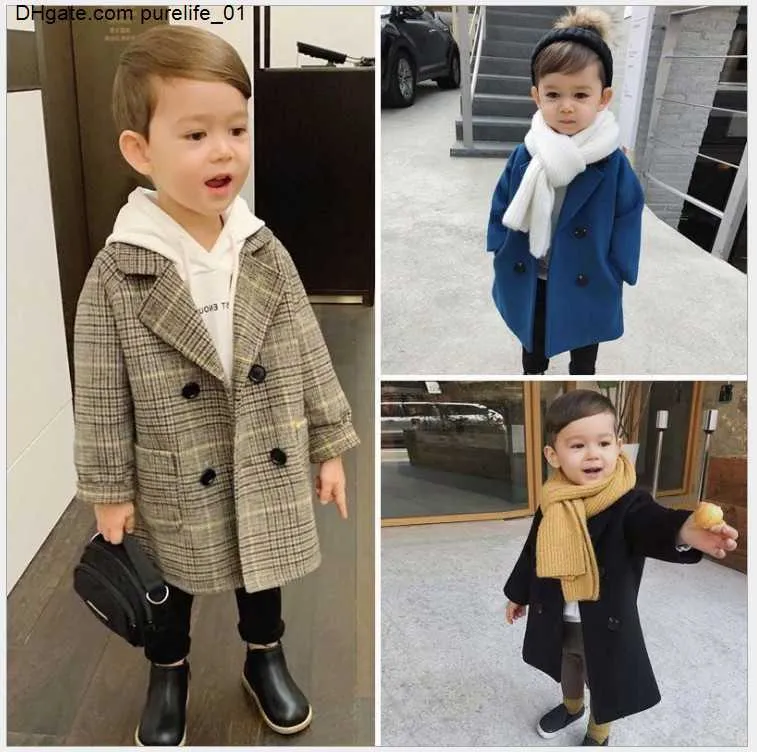 Spring Autumn Baby Boys Woolen Jackets rockar lång stil stilig pojke rutig utkläder barn kläder barn jacka jacka