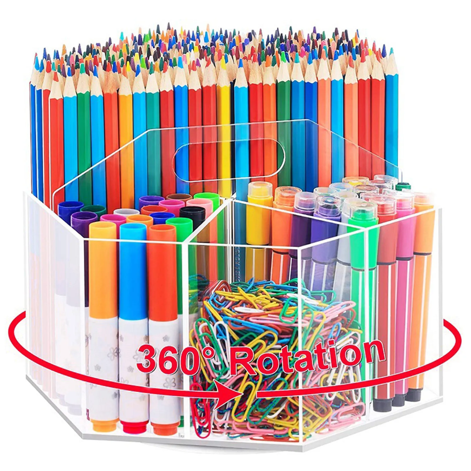 Étuis à crayons 360 Rotation Acrylique Porte-stylo Effacer Organisateur Art Papeterie 6 Compartiments De Stockage En Plastique Portable Artisanat Storag 230804