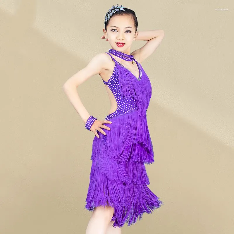 Scen Wear Latin Dance Competition Dress for Girls Sexy Backless Purple Fringed Children's Chacha Performance Clothes DQS13774