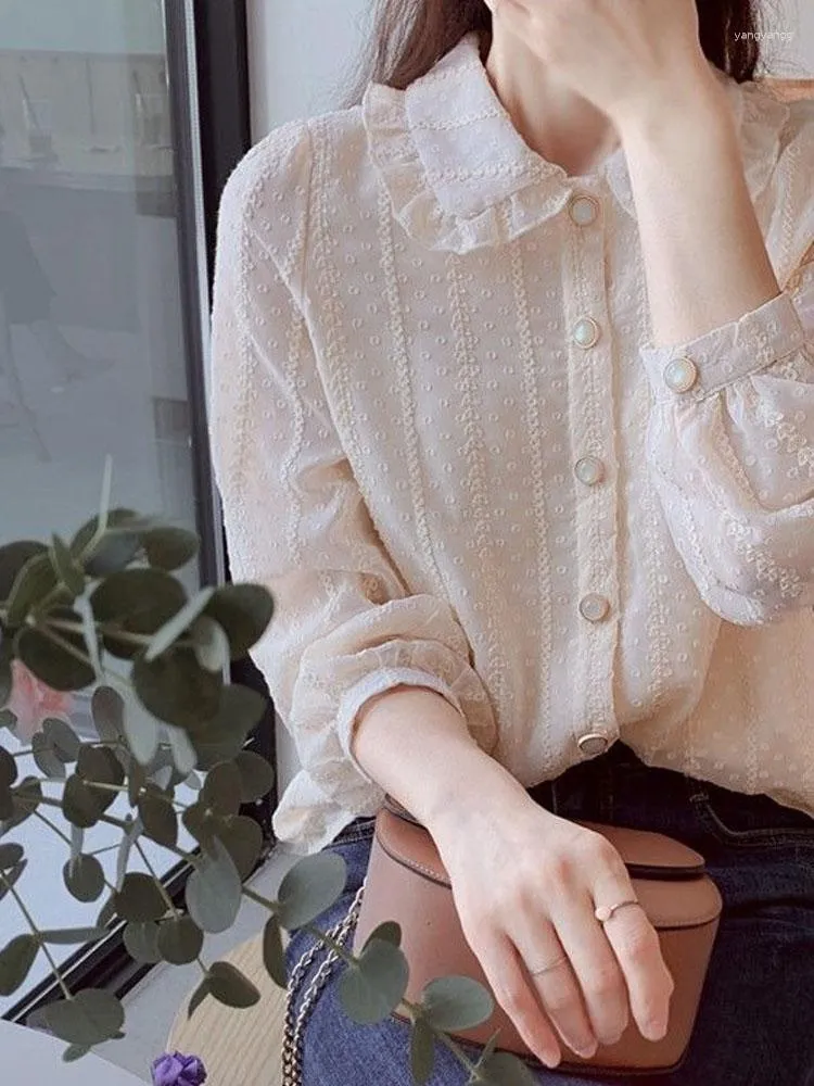 Women's T Shirts Deeptown Cottagecore Chiffon Blouse Women Lace Doll Collared Shirt Western Style Button Up Tops Mori Girl Korean Fashion