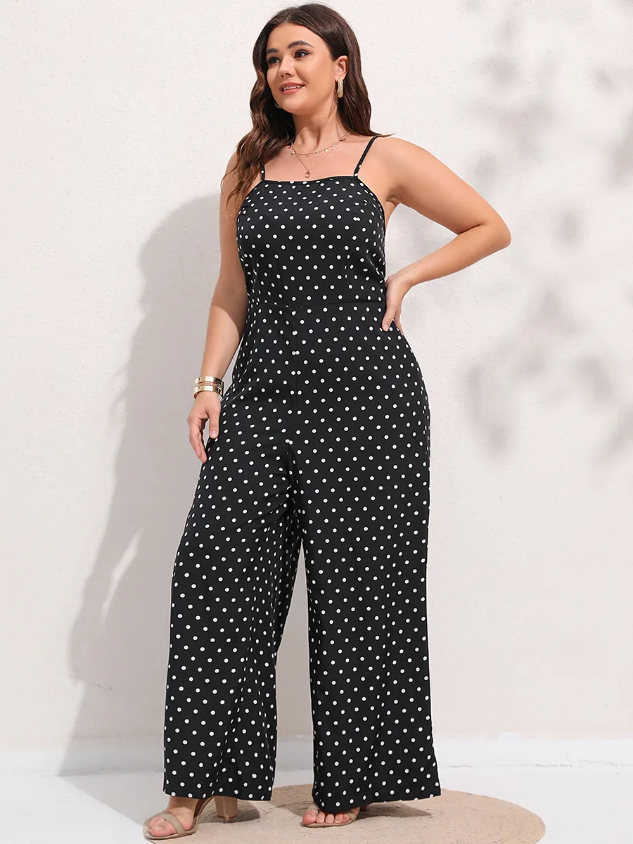 Kvinnors plus size byxor finjani polka dot wide ben cami jumpsuit ärmlös spaghetti rem mode elegant lång 230804