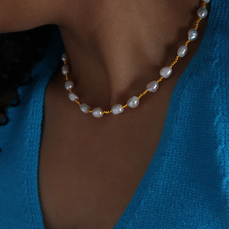 Catene Moda Perle d'acqua dolce Donne Per Collana Placcatura in oro Perline Estate Bohemien Elegante Gioiello Festa Regalo Vendita_voghion.com