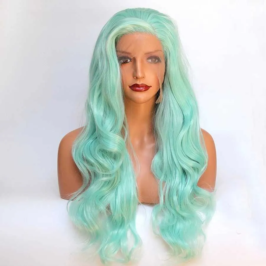 Kappenlose Echthaar-Perücken, Mint-Hellgrün, synthetische, transparente Lace-Front-Perücken, langer gewellter natürlicher Haaransatz, klebstofffrei, hitzebeständig, für Cosplay-Perücke x0802