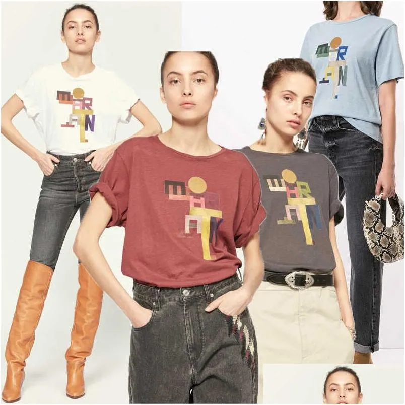 女性のTシャツイザベルマラン女性デザイナーTシャツレターデジタル印刷竹ピュアコットンショートスリーブファッショントップビーチティーD DH4XU