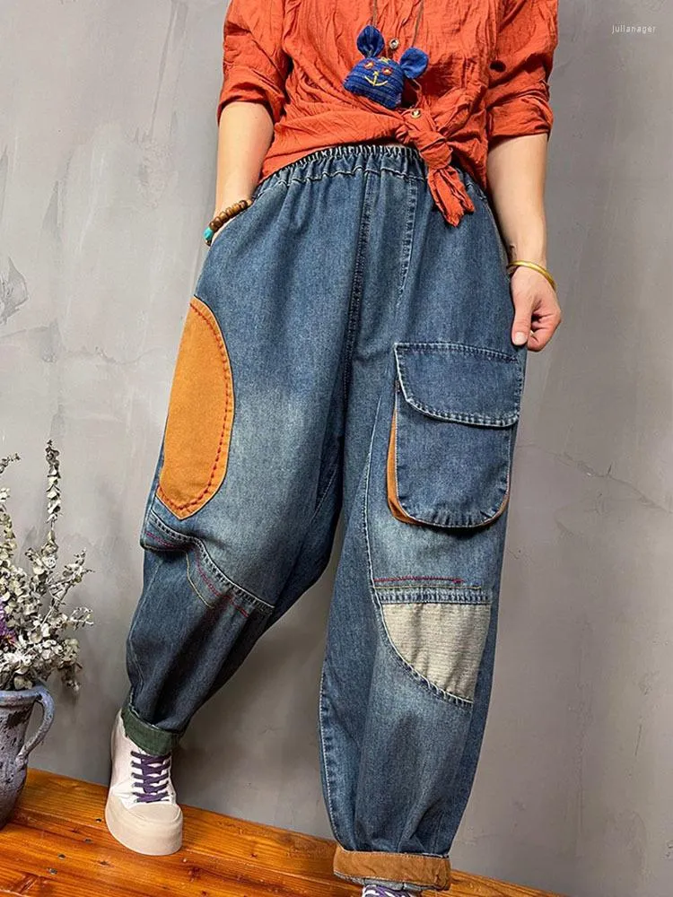 Kvinnors jeans sommar tvättade kläder kvinnor mode lös vintage denim byxor damer casual ficka lapptäcke klassisk elastisk harem byxor