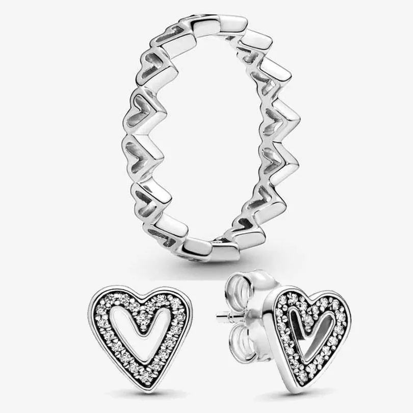 Freehand Hearts Ring Stud Earrings Set for Pandora 925 Sterling Silver Love Rings designer Earring For Women Girls Wedding Gift Luxury Jewelry set with Original Box