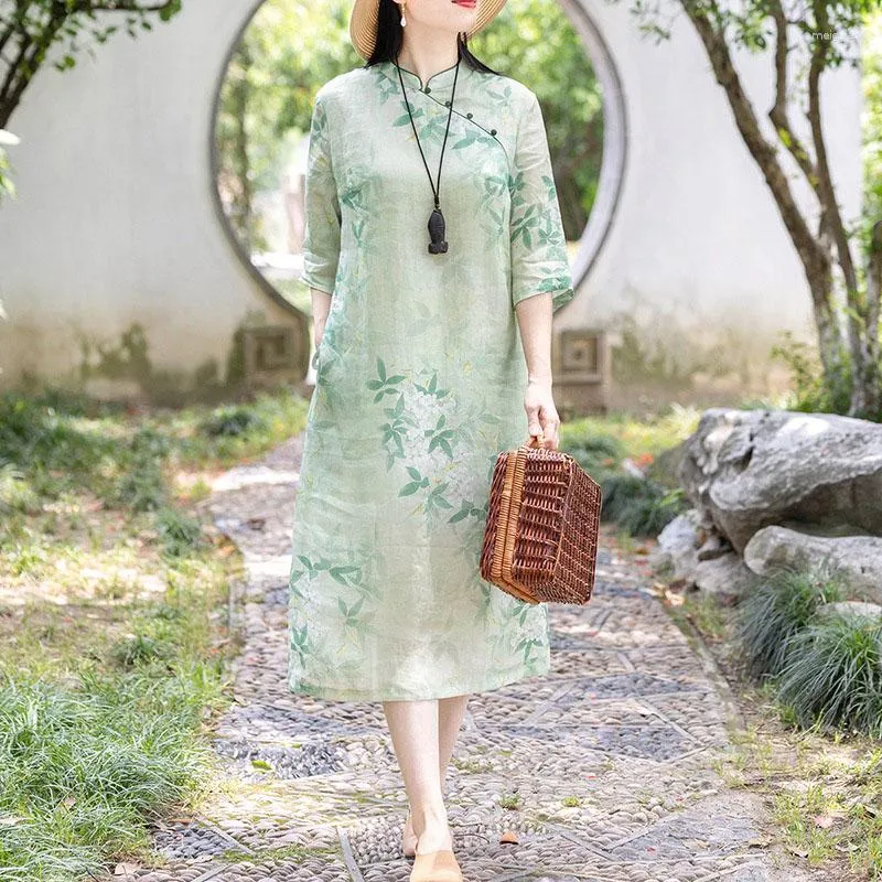 Roupas étnicas femininas plus size meia manga cheongsam algodão vintage verão solto vestido evasê estilo chinês trajes vestidos verdes