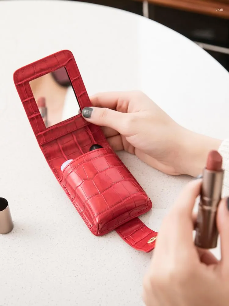 Opbergzakken Net Rode Lippenstift Organizer Tas Kleine Mini Draagbare Make-up Eenvoudige Doos Met Spiegel