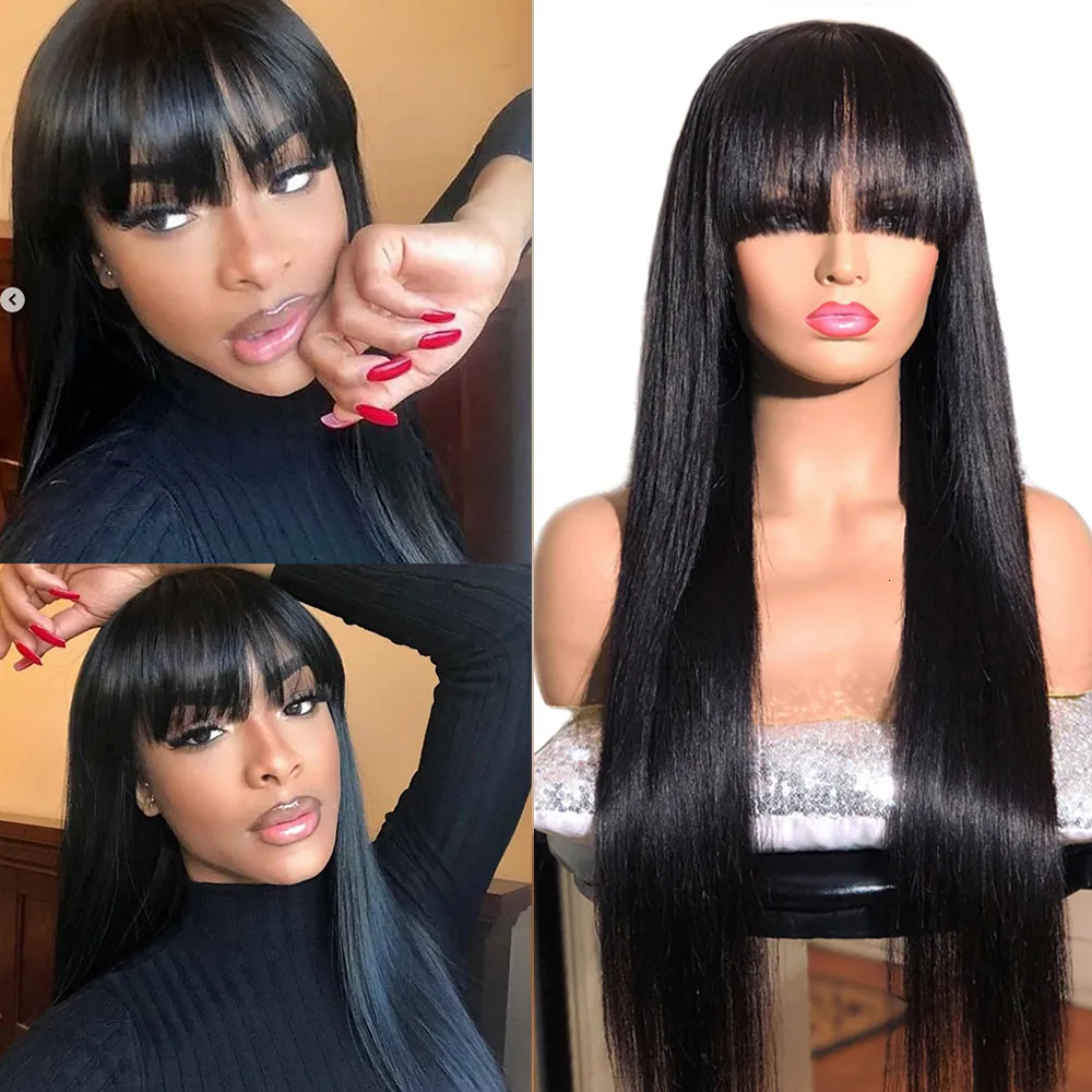 Synthetic Wigs Mstoxic Straight Human Hair With Bangs Full Machine Made 613 Blonde Wig Colored 99J Red Peruvian Remy 230803