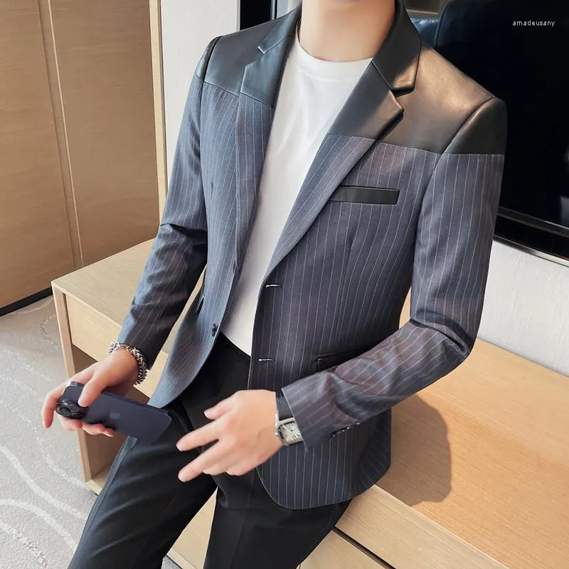 Men's Suits Plus Size 4XL-M Spring Fashion PU Leather Spliced Striped Blazer Jackets For Men Clothing 2023 Two Buttons Slim Fit Casual Coats