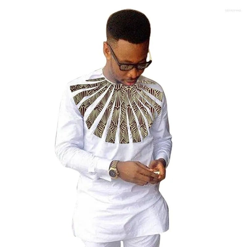 Ethnic Clothing Nigerian Fashion White Men's Shirts O-Neck Modern Design Sector Patchwork Tops Customized African Wedding Party Outfit