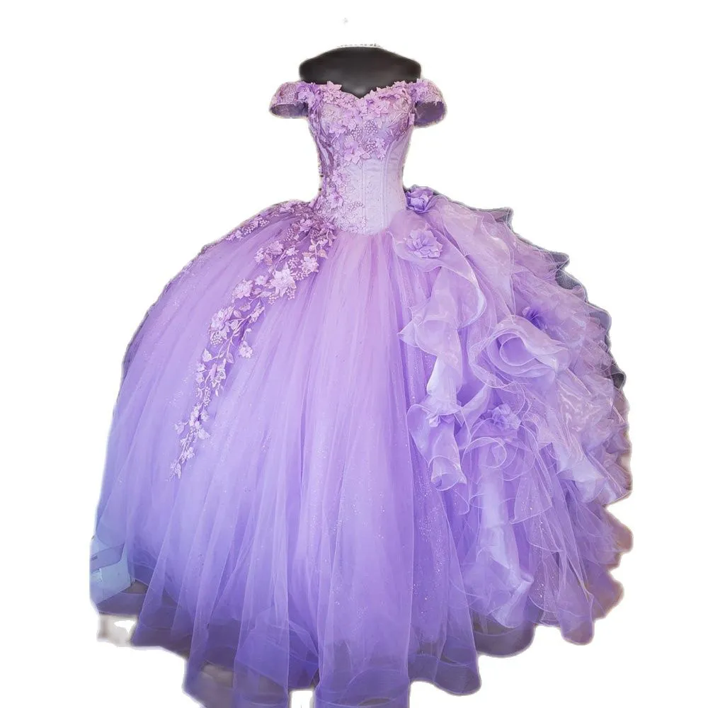 Klassische lila Quinceanera-Kleider aus der Schulter, drapiert, herzförmig, 15 Jahre, Abendkleid, Spitze, Applikationen, Rüschen, Vestido de 16 Jahre