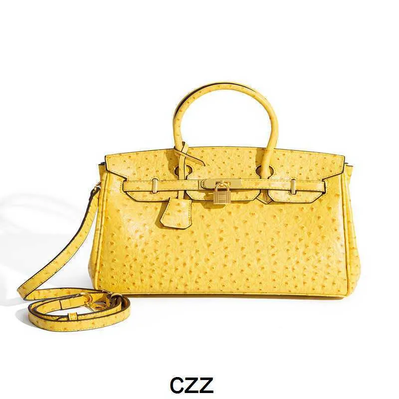 Ostrich Platinum Handbag Tote Luxury Autumn and Winter Yellow Pattern Bag Bag Fashion Lock Catch One Shoulder Cross Body with Logo Genuine Leather