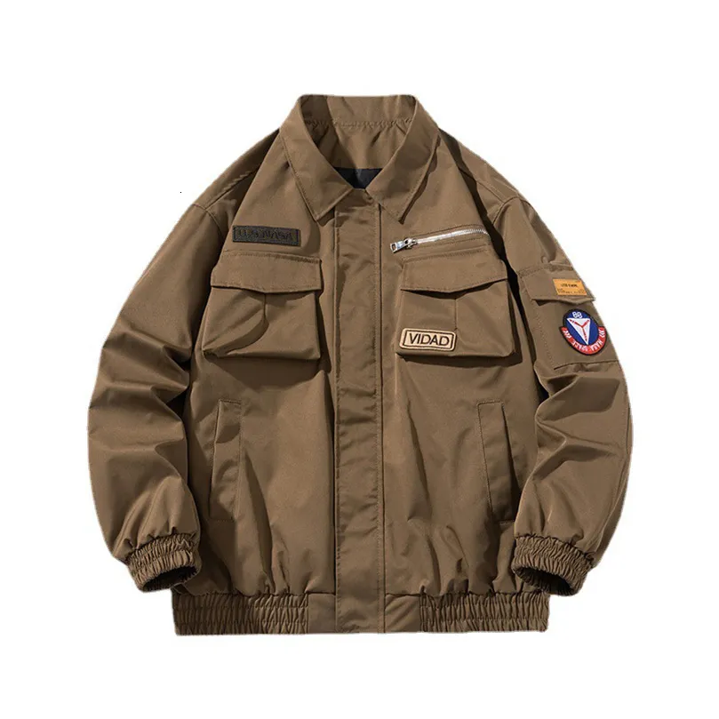 Men s Jackets Vintage Cargo Jacket Men Turn Collar Spring Winter MA1 Bomber Patch Pocket Army Coat Man 2023 Padded Streetwear 230803
