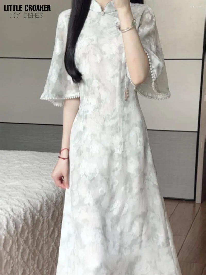 Ethnic Clothing Women Mocha 2023 Summer Cheongsam Small Fresh Elegant Chinese Temperament Improvement Qipao Long Daily Youth Dress