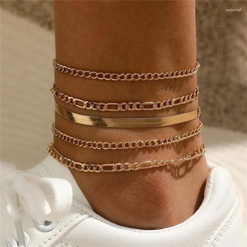 Anklets KOTiK 5 Pcs/set Fashion Set For Women Gold Color Snake Figaro Rope Curb Link Leg Chain Basic Chic Lady Girl Jewelry