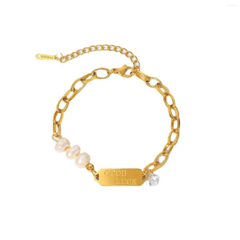 Strand Stainless Steel PVD 18K Gold Plated Tarnish Waterproof Natural Pearl ID Charm Bracelet For Woman Jewelry Wholesale Trendy