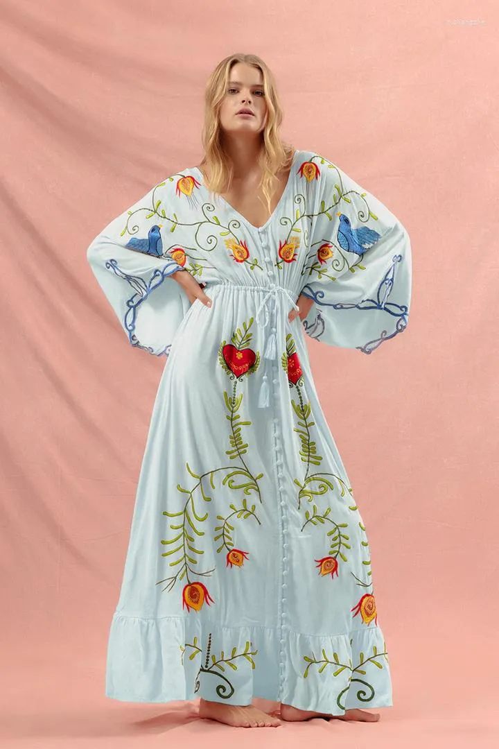 Jastie Bohemian Flower Embroidered Hollow Women's Boho Maxi Dress - Retro V Neck, Long Sleeve, Big Swing for Casual Vacation