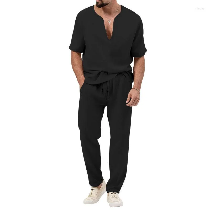 Tute da uomo 2023 Summer Leisure Tinta unita Abiti a due pezzi per uomo Manica corta Scollo a V Top e pantaloni Set Abbigliamento casual da spiaggia