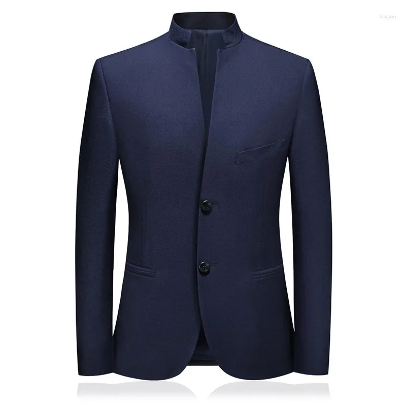 Herrenanzüge Herren Blazer Mode Schlanke Männliche Retro Jacke Einreiher Stehkragen Mantel Für Männer 2 Farbe Schwarz Blau