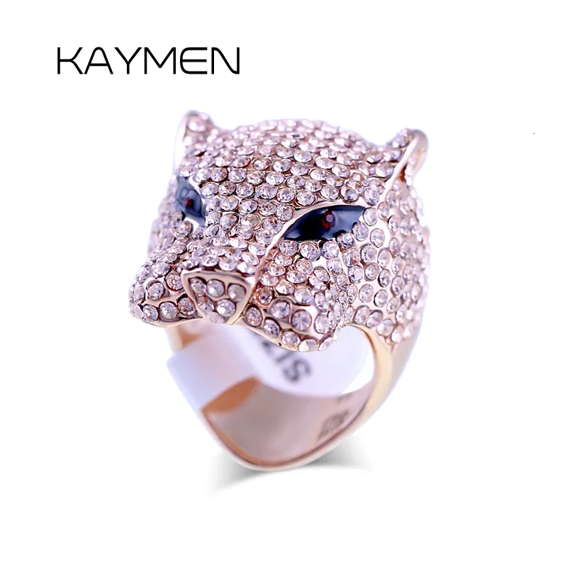 Bröllopsringar Kaymen Est Leopard Animal Statement Ring for Women Girls Gold Plating Full Rhinestones Chunky Wedding Party Costume Jewelry 230804