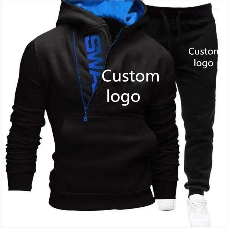 Herrspårar Hösten Anpassad logotyp dragkedja huva tröja byxor set av hög kvalitet mode casual sports bomulls hoodie