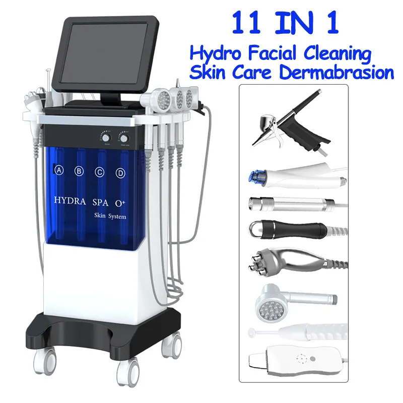 11 IN 1 Microdermabrasion Machine à haute fréquence Supprimer l'acné Oxygen Jet Peel Pistolet hydrofacial LED Light Ultrasound Skin Scrubber Clean Face Beauty Equipment