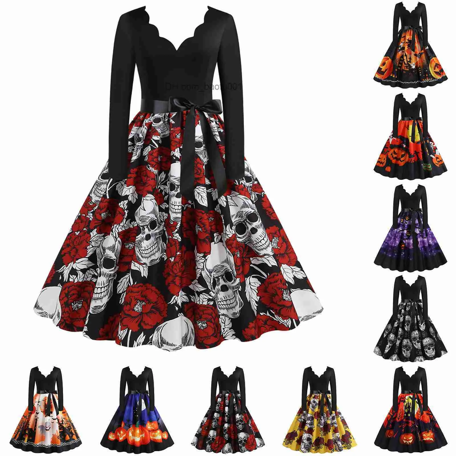 Traje temático com estampa de caveira Halloween chegou vestido feminino de manga comprida para dona de casa dos anos 1950 festa à noite vestido de baile elegante aterrorizante RPG Z230804