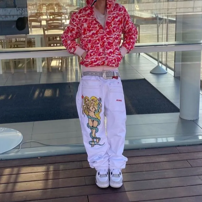 Men's Denim Cargo Pants - Wide Leg, Anime Print, Streetwear, Baggy, Casual, 2024 Hip Hop Fashion, Black, Blue, White Men's Denim Cargo Pants - Wide Leg, Anime Print, Streetwear, Baggy, Casual, 2024 Hip Hop Fashion, Black, Blue, White