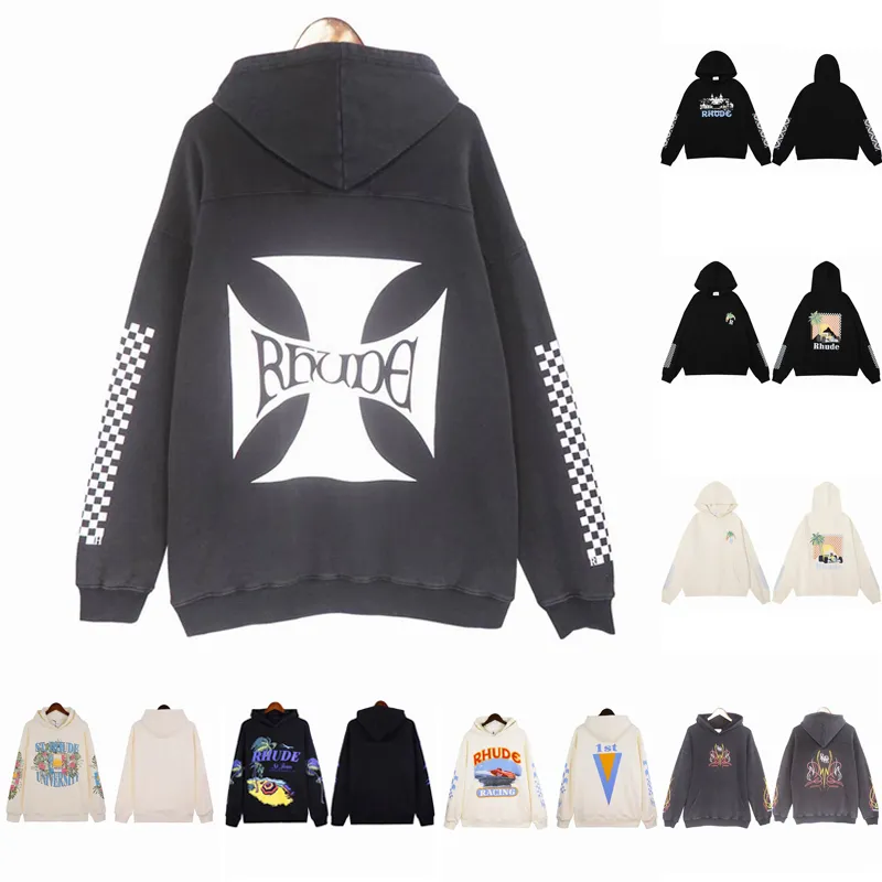 2023 Sudaderas con capucha para hombre Rhude Sudadera con capucha Estampado de letras Manga larga Moda Hombres Mujeres Streetwear Suéter de lujo Hip Hop Sudaderas con capucha Sudaderas de marca