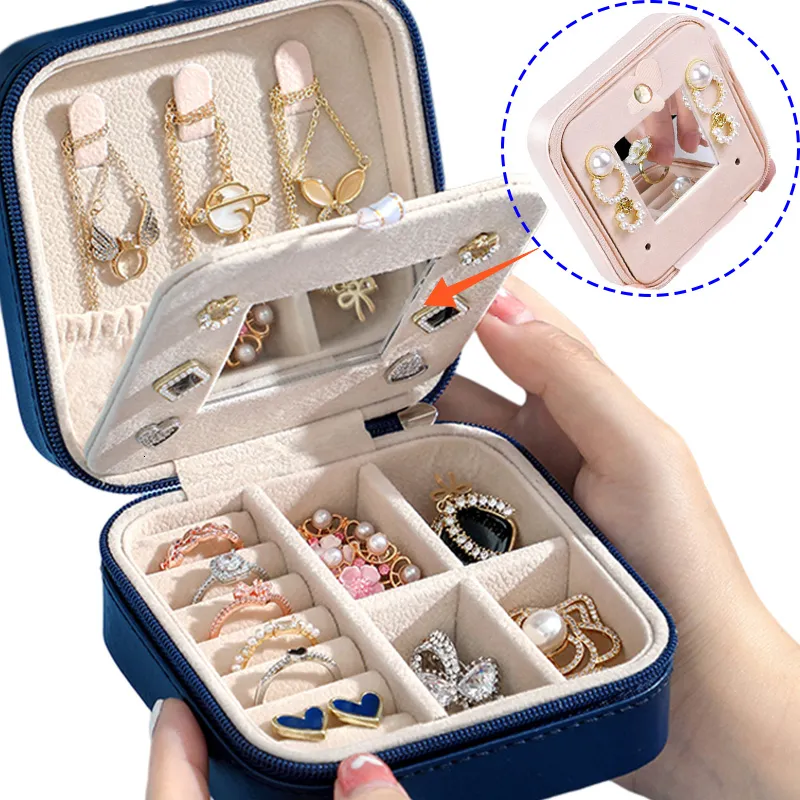 Jewelry Boxes Box With Mirror Travel Simple Storage Organizer Case Earrings Necklace Ring Display Leather 230803