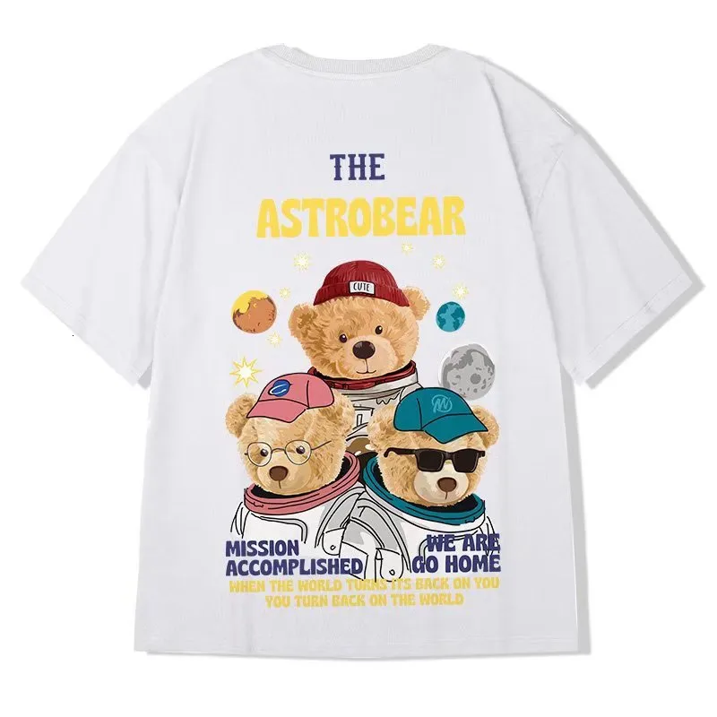 Erkek tişörtleri komik ayı astronot baskılı büyük boy tshirts erkek yaz kısa kollu tişört çiftler y2k tee üstleri hip hop giysileri 230804