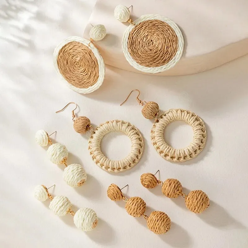 New Bohemia Fashion Raffia Winding Earrings Rattan Circle Flower