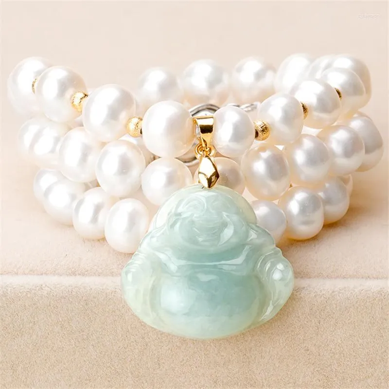 Pendant Necklaces HABITOO Emerald Jade Buddha White Freshwater Pearl Necklace 18inches Jewelry For Women Charming Gifts Daily Wear