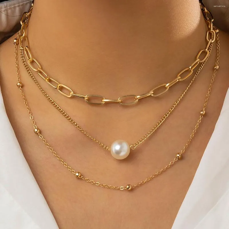 Chains Boho Sweet Imitation Pearl Pendant Necklace For Women 2023 Multi Layered Gold Color Metal Beads Charming Girls Fashion Jewelry