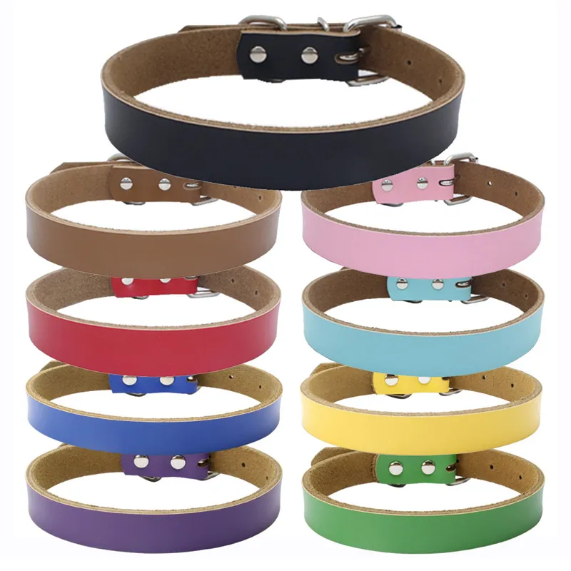 Rostfritt stål Pet Dog Collar Cowhide Halsband Justerbar läderhundkrage Pet Outdoor Supplies Tillbehör 9 Färger 5 Storlek TH1026